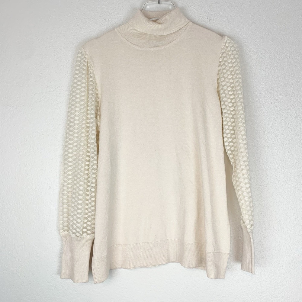 Adrianna Papell Sweater Womens Large Turtleneck Sheer Dot Sleeves Classic Preppy
